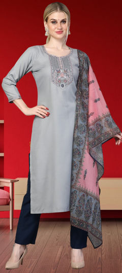 Black and Grey color Salwar Kameez in Rayon fabric with Embroidered, Thread work