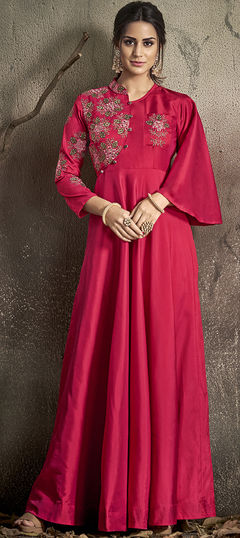 Festive, Reception Pink and Majenta color Gown in Taffeta Silk fabric with Embroidered, Thread work : 1942905