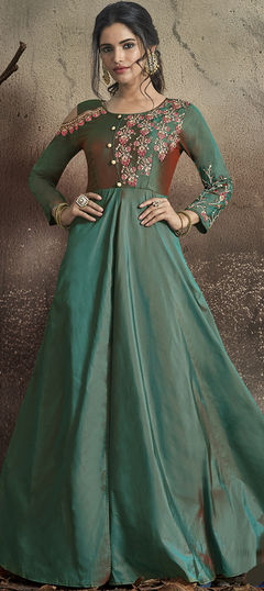 Festive, Reception Green color Gown in Taffeta Silk fabric with Embroidered, Thread work : 1942907