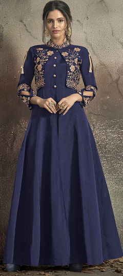 Festive, Reception Blue color Gown in Taffeta Silk fabric with Embroidered, Thread work : 1942916