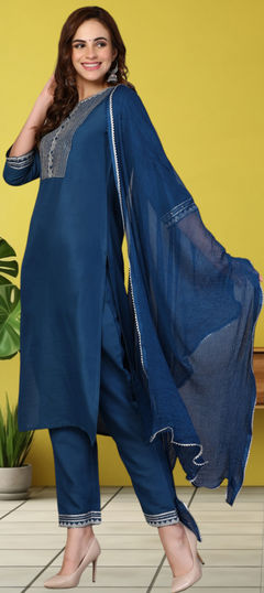 Blue color Salwar Kameez in Rayon fabric with Embroidered, Thread work