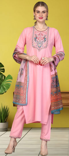 Pink and Majenta color Salwar Kameez in Rayon fabric with Embroidered, Thread work