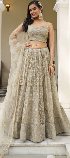 Bridal, Wedding Beige and Brown color Lehenga in Net fabric with Flared Embroidered, Sequence, Thread, Zari work : 1942973