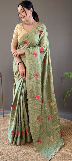 Green color Saree in Tussar Silk fabric with Embroidered, Resham, Thread work