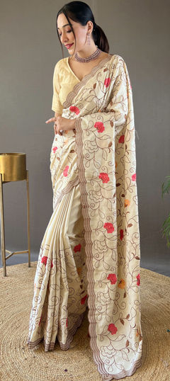 Beige and Brown color Saree in Tussar Silk fabric with Embroidered, Resham, Thread work