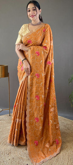 Beige and Brown color Saree in Tussar Silk fabric with Embroidered, Resham, Thread work