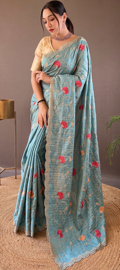 Blue color Saree in Tussar Silk fabric with Embroidered, Resham, Thread work