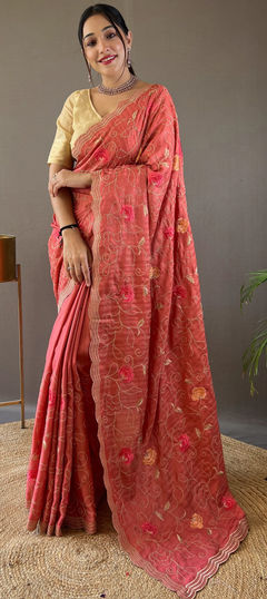 Red and Maroon color Saree in Tussar Silk fabric with Embroidered, Resham, Thread work