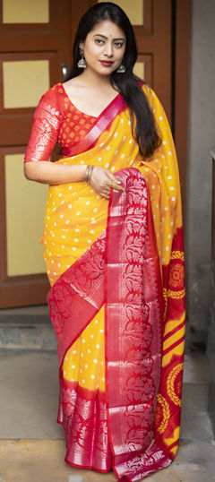 Festive, Reception, Traditional Red and Maroon, Yellow color Saree in Art Silk fabric with Rajasthani, South Bandhej, Weaving work : 1943070