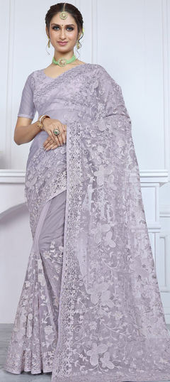 Purple and Violet color Saree in Net fabric with Embroidered, Stone, Thread work