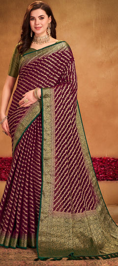 Red and Maroon color Saree in Georgette fabric with Weaving work