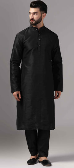 Black and Grey color Kurta Pyjama with Jacket in Raw Silk fabric with Embroidered, Thread work