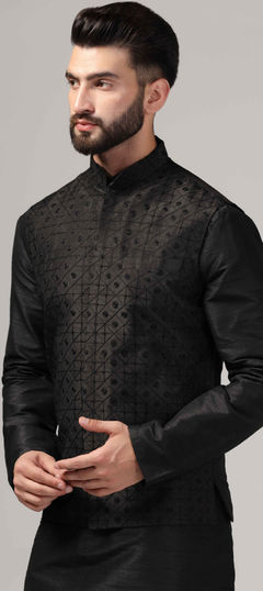 Black and Grey color Nehru Jacket in Raw Silk fabric with Aari, Embroidered, Resham work