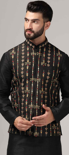 Party Wear Black and Grey color Nehru Jacket in Raw Silk fabric with Aari, Embroidered, Resham work : 1943137