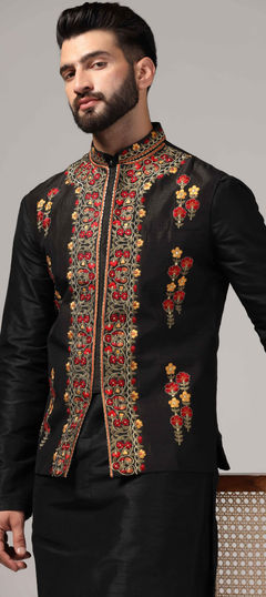 Party Wear Black and Grey color Nehru Jacket in Raw Silk fabric with Aari, Embroidered, Resham work : 1943138