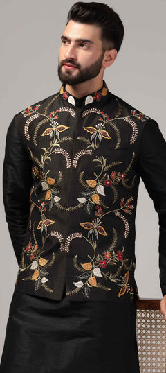 Party Wear Black and Grey color Nehru Jacket in Raw Silk fabric with Aari, Embroidered, Resham work : 1943139