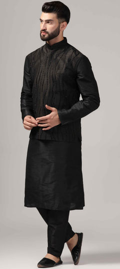 Black and Grey color Kurta Pyjama with Jacket in Raw Silk fabric with Embroidered, Thread work