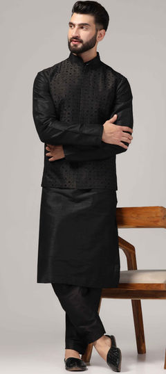 Black and Grey color Kurta Pyjama with Jacket in Raw Silk fabric with Embroidered, Thread work