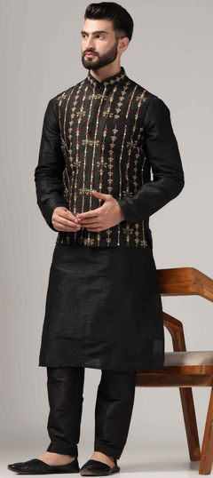 Black and Grey color Kurta Pyjama with Jacket in Raw Silk fabric with Embroidered, Resham, Thread, Zari work