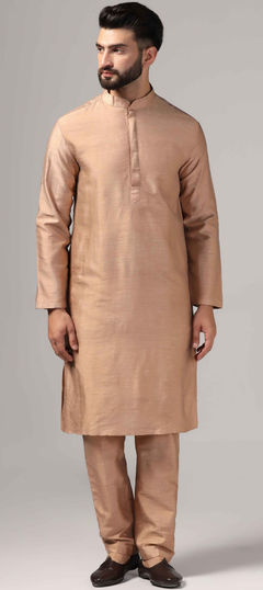 Gold color Kurta Pyjamas in Raw Silk fabric with Thread work