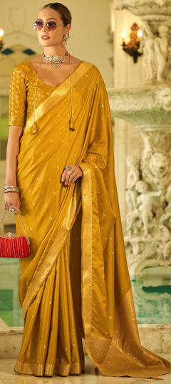 Traditional, Wedding Gold, Yellow color Saree in Satin Silk fabric with South Weaving, Zari work : 1943161