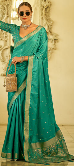 Green color Saree in Satin Silk fabric with Weaving, Zari work