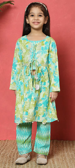 Festive, Summer Green color Girls Top with Bottom in Cotton fabric with A Line Gota Patti, Printed work : 1943177