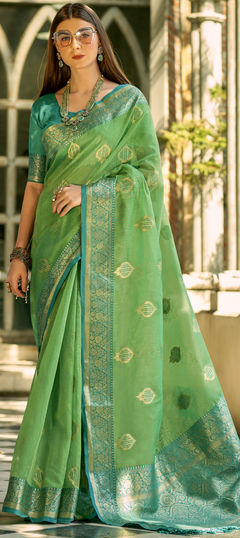 Green color Saree in Tissue fabric with Weaving, Zari work