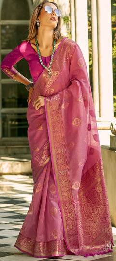 Pink and Majenta color Saree in Tissue fabric with Weaving, Zari work