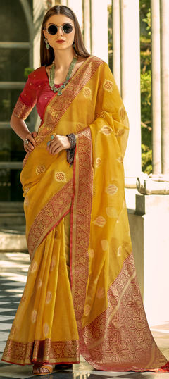 Yellow color Saree in Tissue fabric with Weaving, Zari work