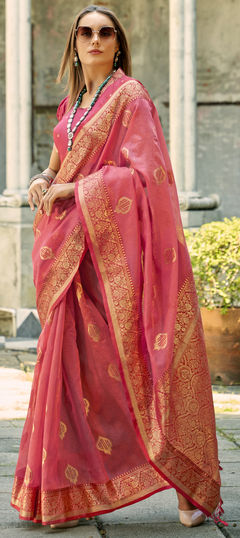 Pink and Majenta color Saree in Tissue fabric with Weaving, Zari work