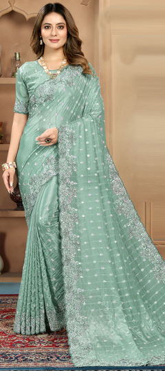 Green color Saree in Net fabric with Embroidered, Resham, Sequence, Thread work