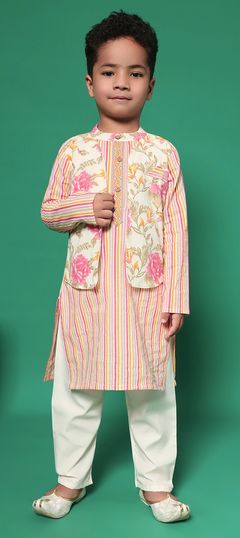 Party Wear, Reception Pink and Majenta color Boys Kurta Pyjama with Jacket in Cotton fabric with Floral, Printed work : 1943238