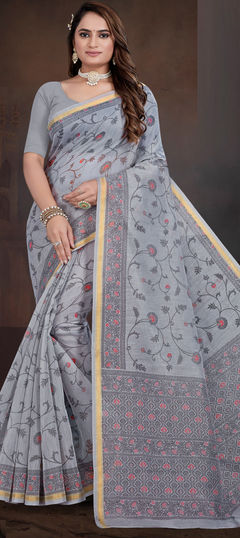 Summer, Traditional Blue color Saree in Cotton fabric with Bengali Printed work : 1943254