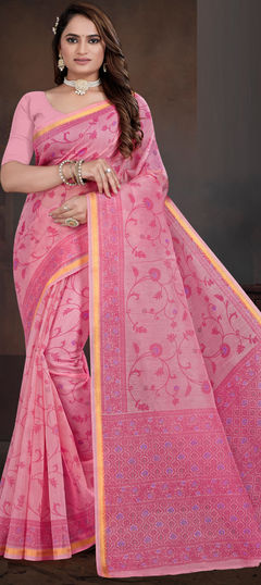 Summer, Traditional Pink and Majenta color Saree in Cotton fabric with Bengali Printed work : 1943258