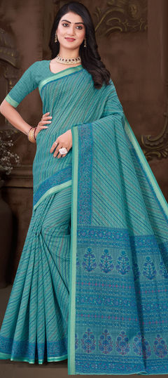 Blue color Saree in Cotton fabric with Printed work