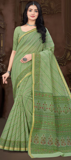 Green color Saree in Cotton fabric with Printed work