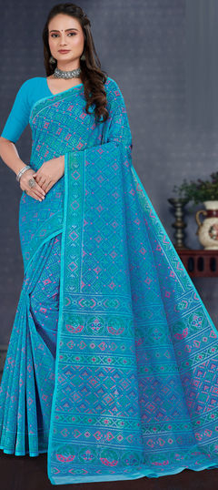 Summer, Traditional Blue color Saree in Cotton fabric with Bengali Printed work : 1943288