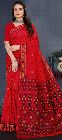 Summer, Traditional Red and Maroon color Saree in Cotton fabric with Bengali Printed work : 1943290