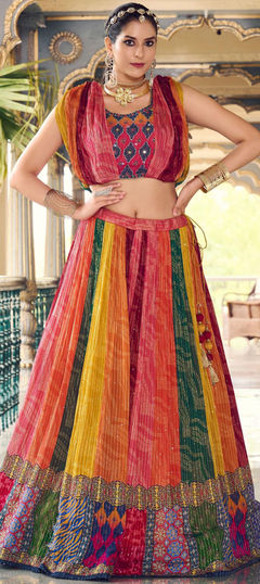 Reception, Wedding Multicolor color Ready to Wear Lehenga in Silk fabric with Flared Printed, Sequence, Thread work : 1943291