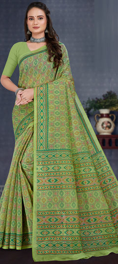 Summer, Traditional Green color Saree in Cotton fabric with Bengali Printed work : 1943299