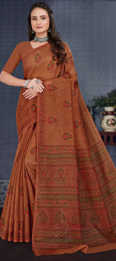 Summer, Traditional Beige and Brown color Saree in Cotton fabric with Bengali Printed work : 1943300