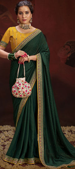 Green color Saree in Art Silk fabric with Border, Embroidered, Resham, Zari work