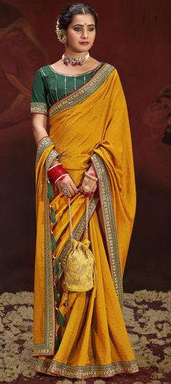 Yellow color Saree in Art Silk fabric with Border, Embroidered, Resham, Zari work