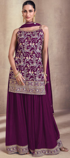 Purple and Violet color Salwar Kameez in Faux Georgette fabric with Embroidered, Resham, Sequence, Thread work