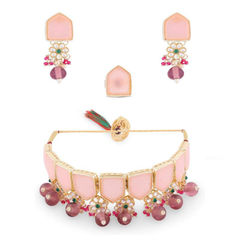 Gold Rodium Polish Pink and Majenta color Necklace in Metal Alloy studded with CZ Diamond