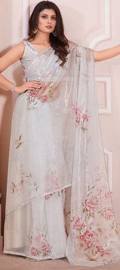 White and Off White color Saree in Organza Silk fabric with Digital Print, Floral, Zircon work