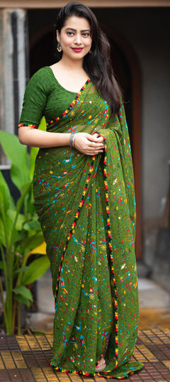 Green color Saree in Georgette fabric with Printed work