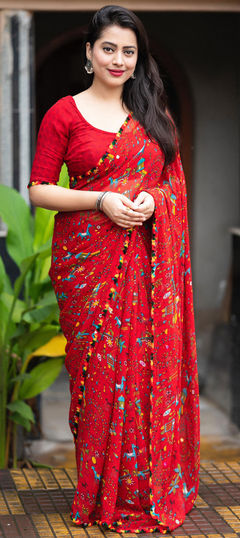 Festive, Party Wear, Traditional Red and Maroon color Saree in Georgette fabric with Bengali Printed work : 1943594