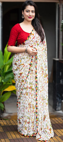 Festive, Party Wear, Traditional White and Off White color Saree in Georgette fabric with Bengali Printed work : 1943596